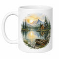 Taza blanca de cerámica con paisaje de montaña y lago 350 ml
