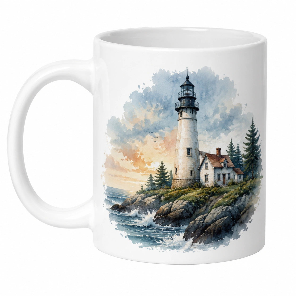 Taza de cerámica blanca con diseño de faro pintoresco