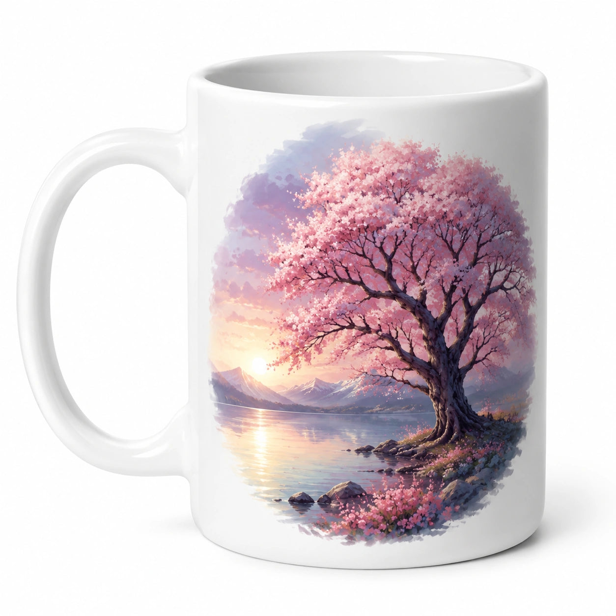 Taza de cerámica con diseño de árbol de cerezo al atardecer