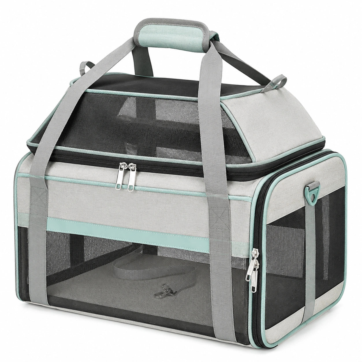 Transportín plegable para mascotas pequeñas gris y verde menta