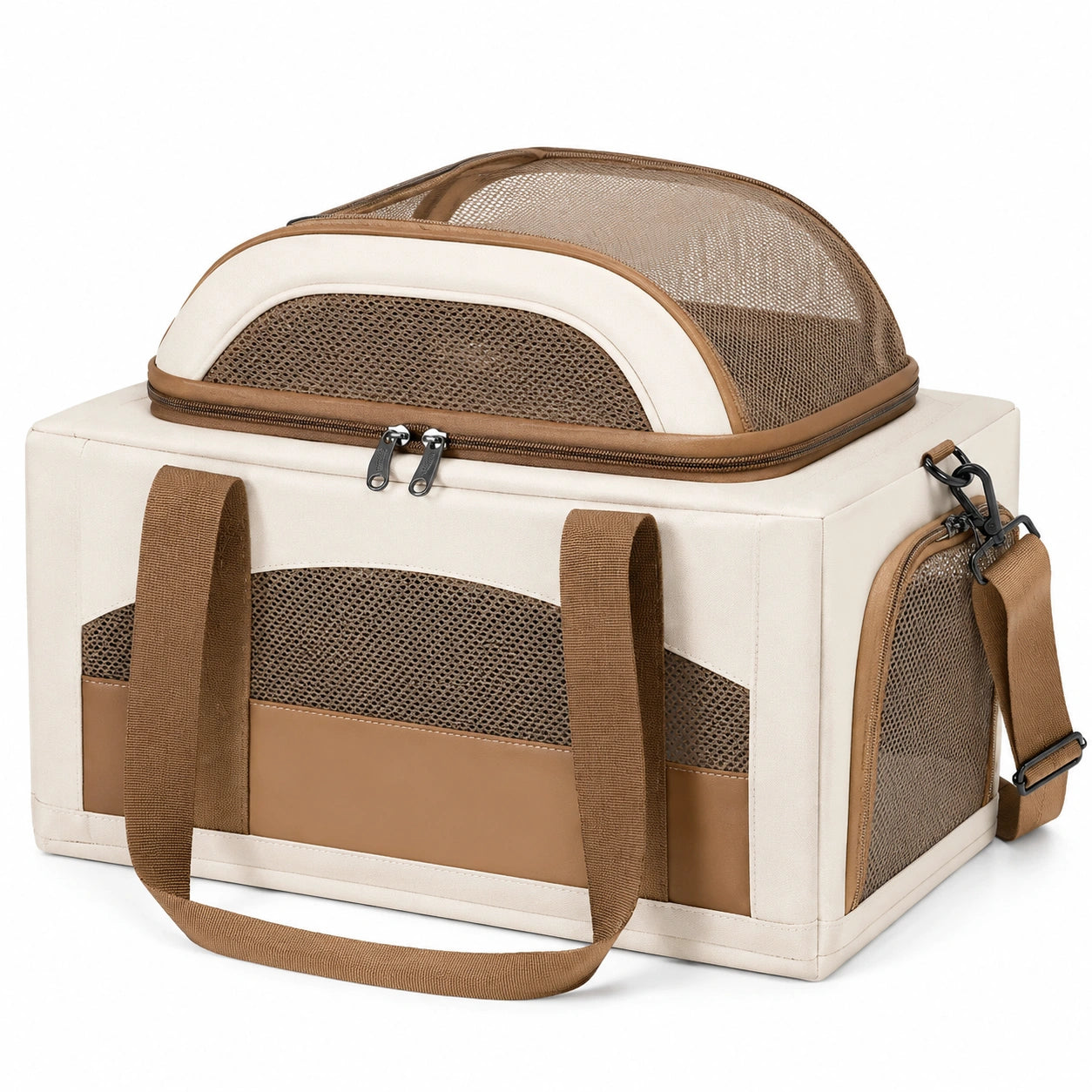 Transportín Plegable para Mascotas Beige y Marrón con Ventilación